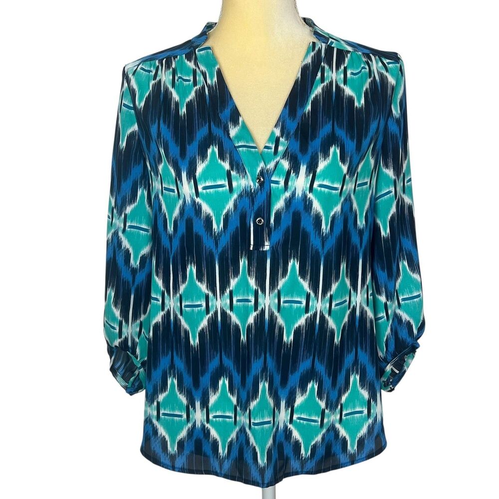 Banana Republic Women's Ikat Print V Neck Long Sleeve Blouse Size XS Teal